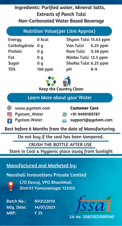 Pyotam Panch Tulsi Alkaline Thirst Quencher | 200 ml | Box of 24